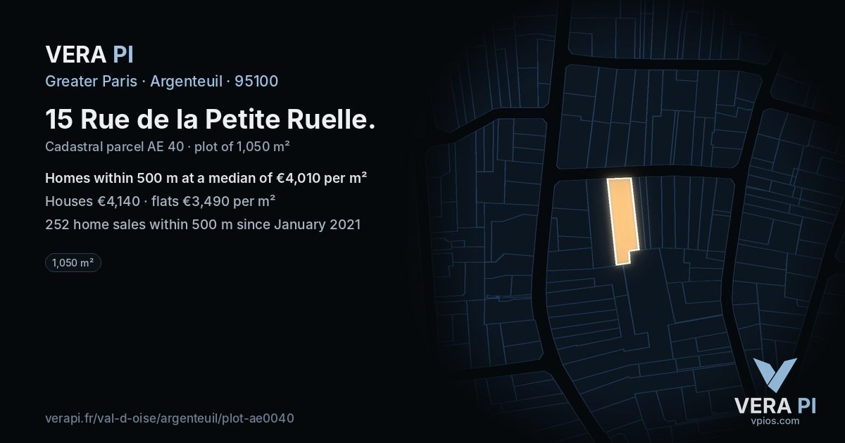 15 Rue de la Petite Ruelle, Argenteuil at night – the plot lit, the parcels around coloured by the prices near them