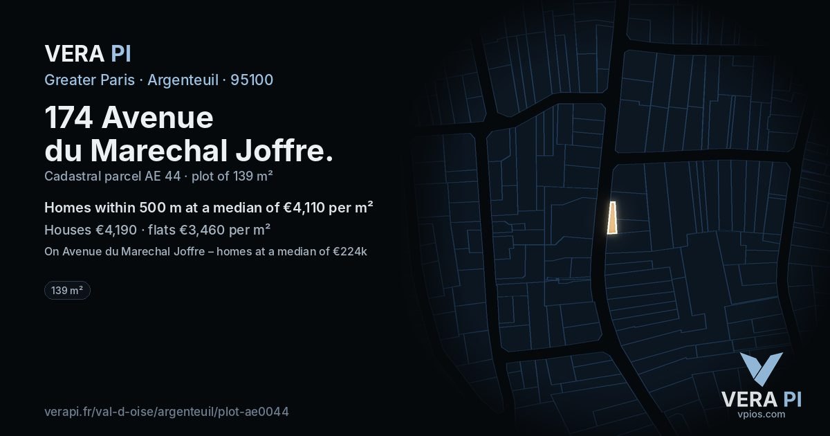 174 Avenue du Marechal Joffre, Argenteuil at night – the plot lit, the parcels around coloured by the prices near them