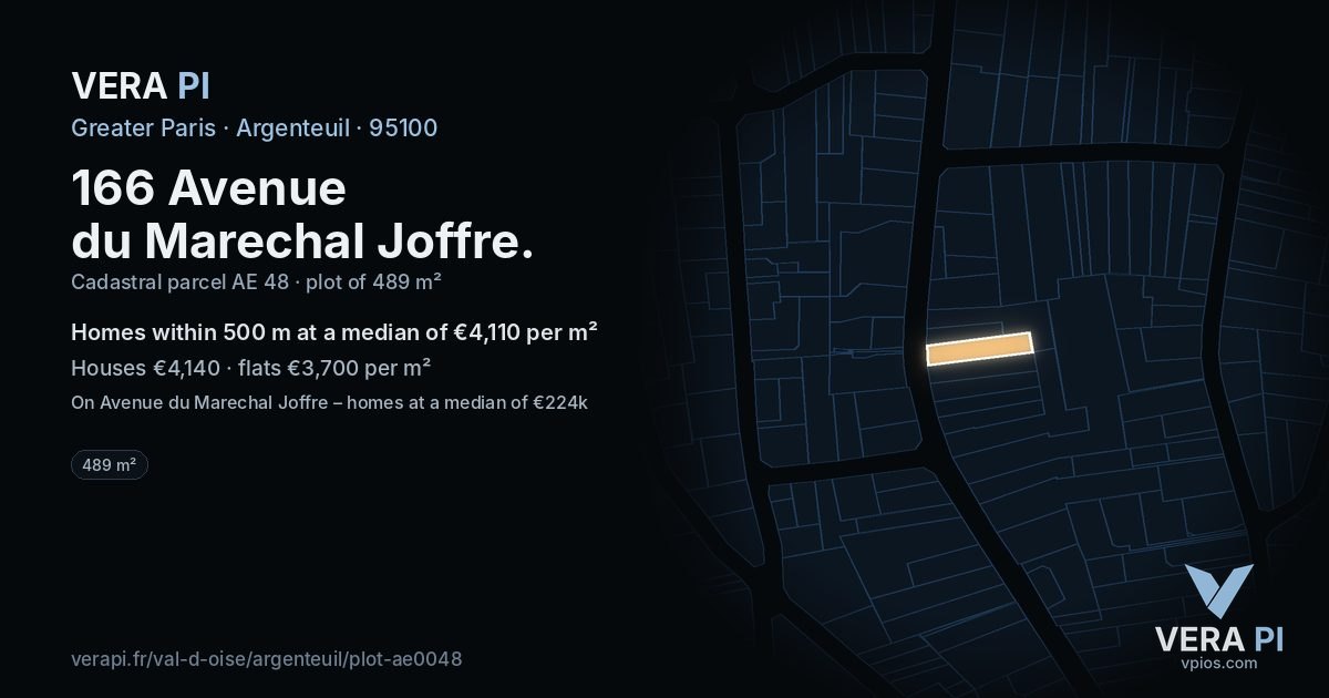 166 Avenue du Marechal Joffre, Argenteuil at night – the plot lit, the parcels around coloured by the prices near them