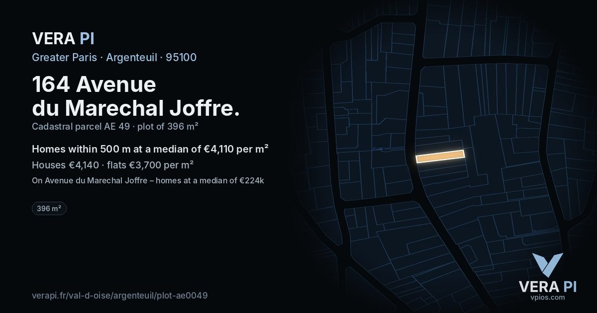 164 Avenue du Marechal Joffre, Argenteuil at night – the plot lit, the parcels around coloured by the prices near them