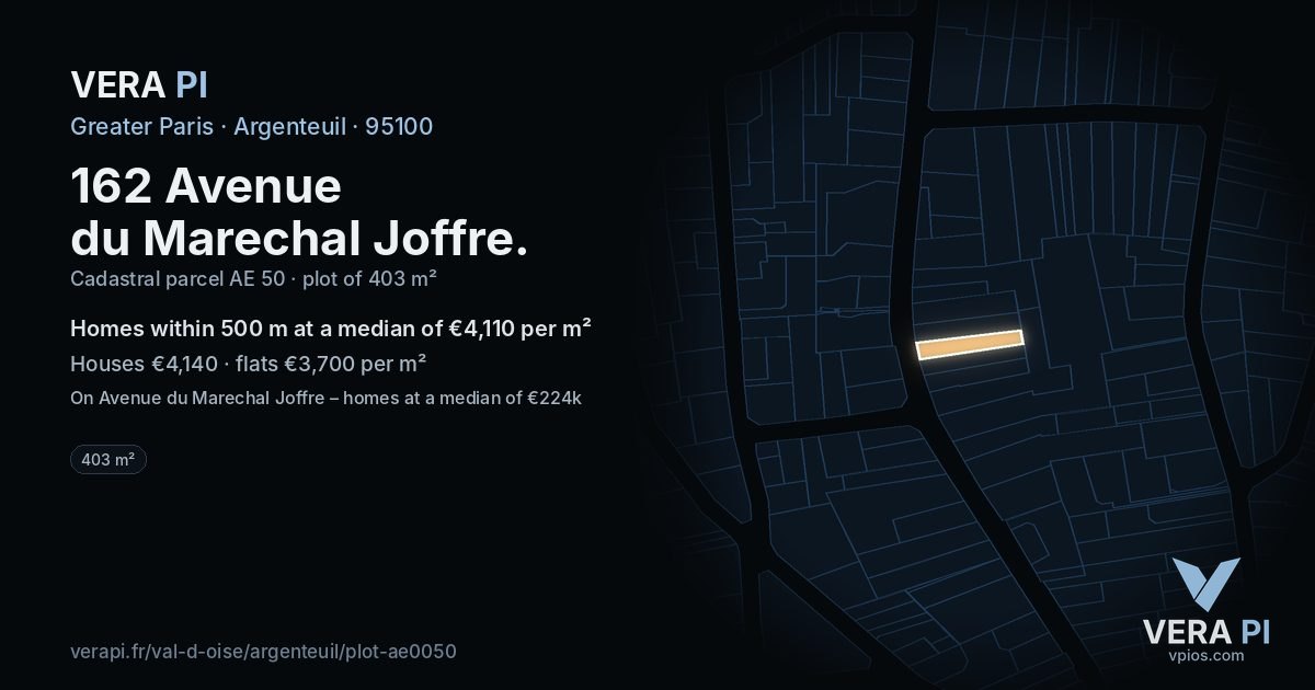 162 Avenue du Marechal Joffre, Argenteuil at night – the plot lit, the parcels around coloured by the prices near them