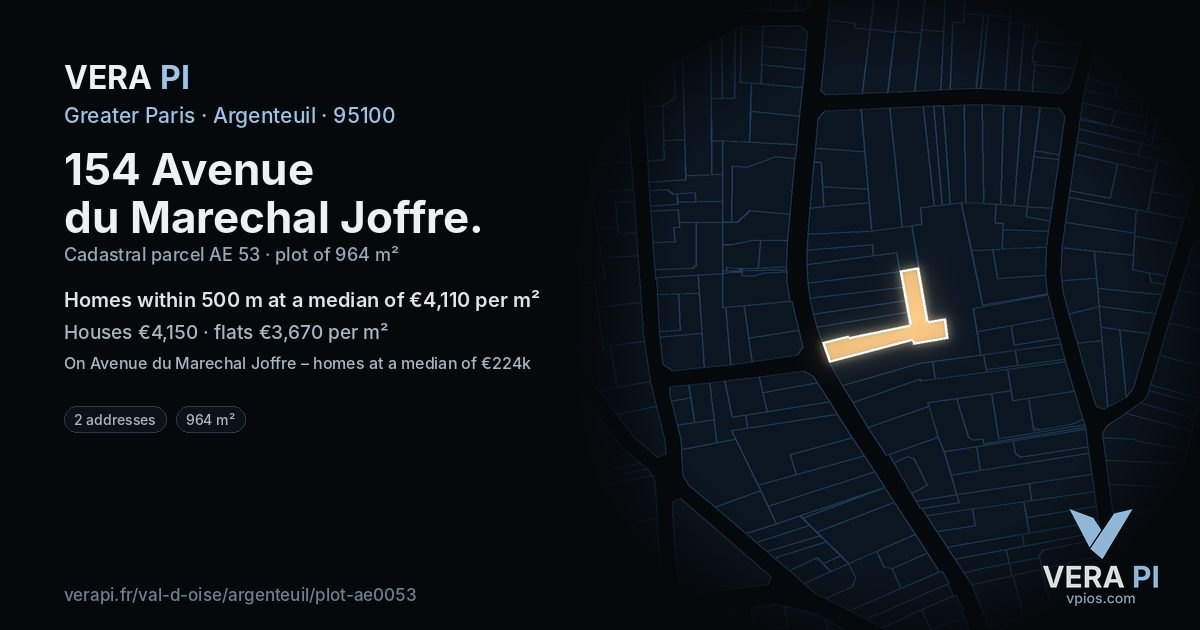 154 Avenue du Marechal Joffre, Argenteuil at night – the plot lit, the parcels around coloured by the prices near them