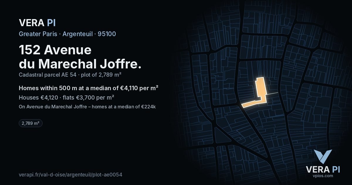 152 Avenue du Marechal Joffre, Argenteuil at night – the plot lit, the parcels around coloured by the prices near them