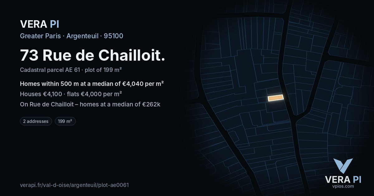 73 Rue de Chailloit, Argenteuil at night – the plot lit, the parcels around coloured by the prices near them