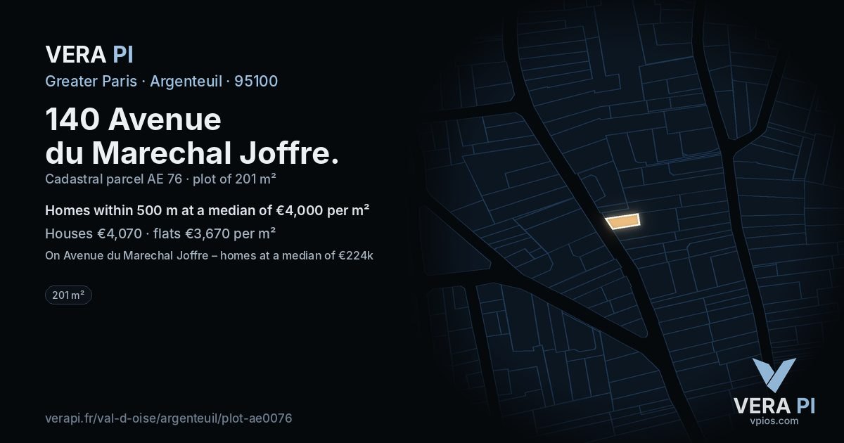 140 Avenue du Marechal Joffre, Argenteuil at night – the plot lit, the parcels around coloured by the prices near them