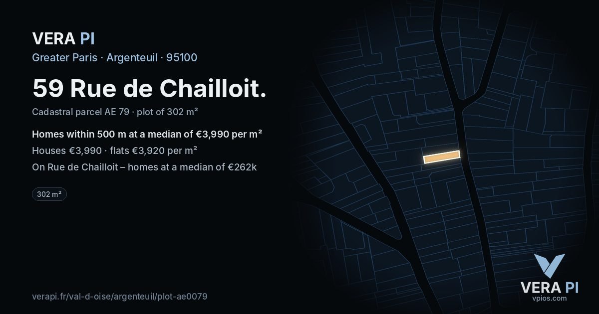 59 Rue de Chailloit, Argenteuil at night – the plot lit, the parcels around coloured by the prices near them
