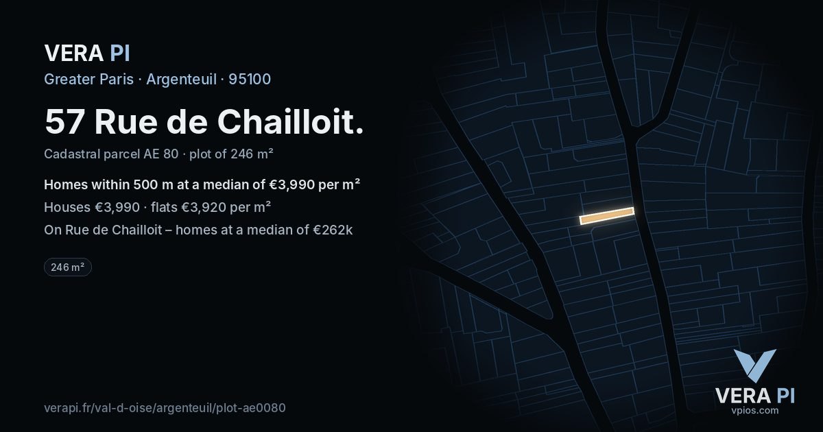 57 Rue de Chailloit, Argenteuil at night – the plot lit, the parcels around coloured by the prices near them