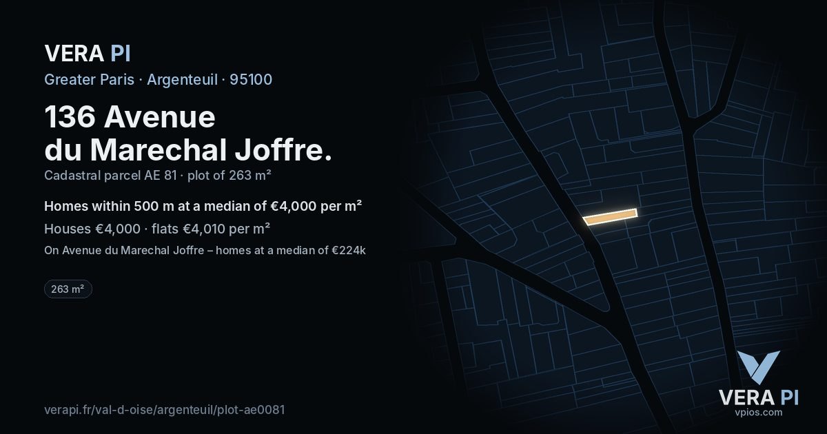 136 Avenue du Marechal Joffre, Argenteuil at night – the plot lit, the parcels around coloured by the prices near them