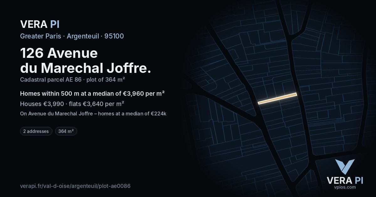 126 Avenue du Marechal Joffre, Argenteuil at night – the plot lit, the parcels around coloured by the prices near them