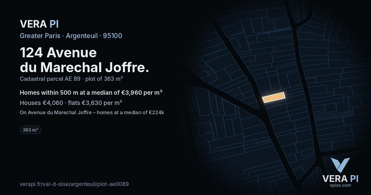 124 Avenue du Marechal Joffre, Argenteuil at night – the plot lit, the parcels around coloured by the prices near them