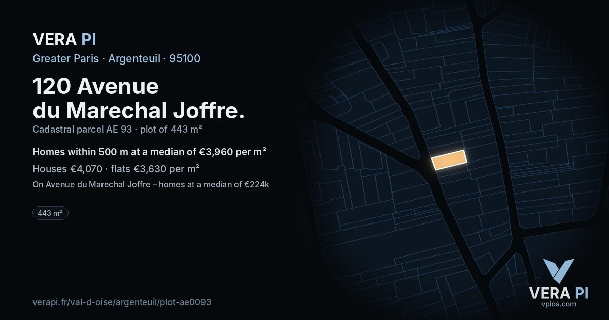 120 Avenue du Marechal Joffre, Argenteuil at night – the plot lit, the parcels around coloured by the prices near them