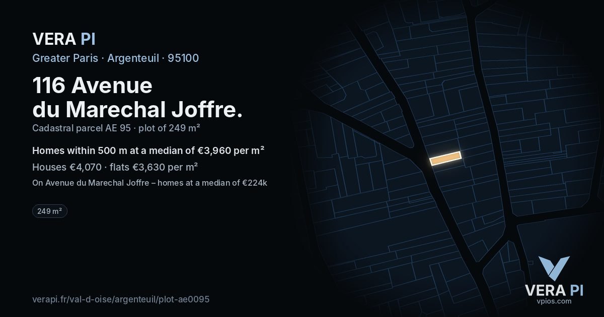 116 Avenue du Marechal Joffre, Argenteuil at night – the plot lit, the parcels around coloured by the prices near them