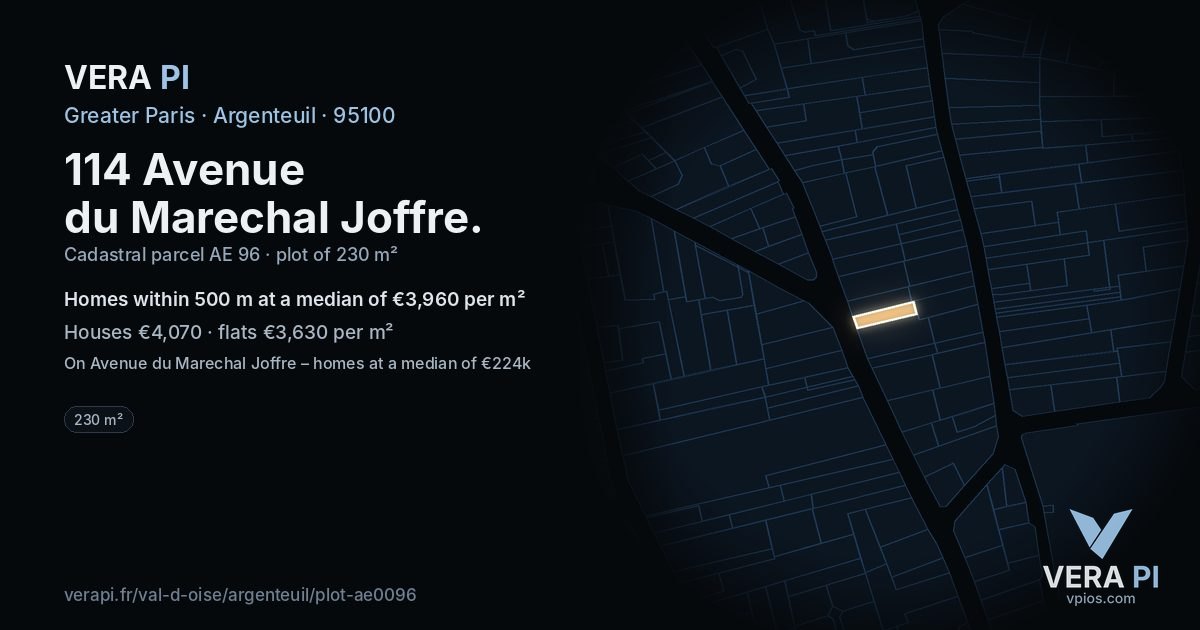 114 Avenue du Marechal Joffre, Argenteuil at night – the plot lit, the parcels around coloured by the prices near them