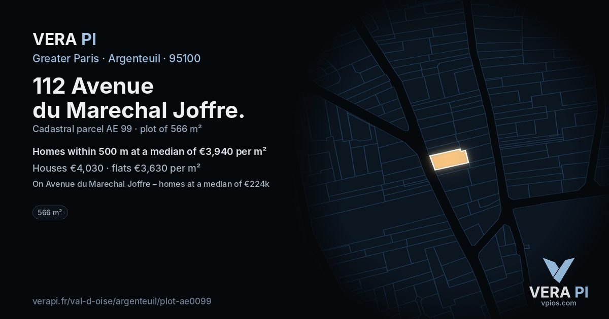 112 Avenue du Marechal Joffre, Argenteuil at night – the plot lit, the parcels around coloured by the prices near them