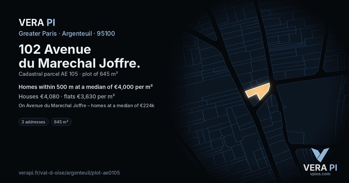 102 Avenue du Marechal Joffre, Argenteuil at night – the plot lit, the parcels around coloured by the prices near them
