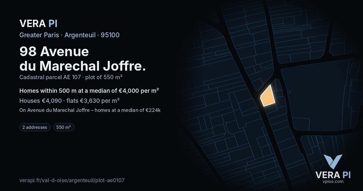 98 Avenue du Marechal Joffre, Argenteuil at night – the plot lit, the parcels around coloured by the prices near them