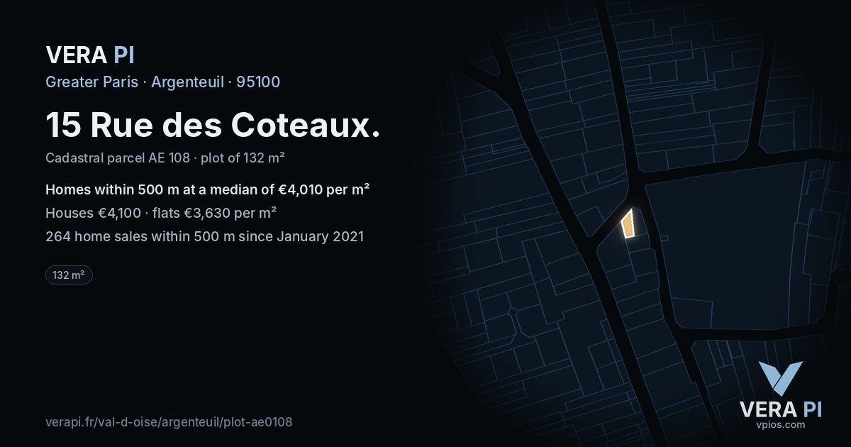15 Rue des Coteaux, Argenteuil at night – the plot lit, the parcels around coloured by the prices near them