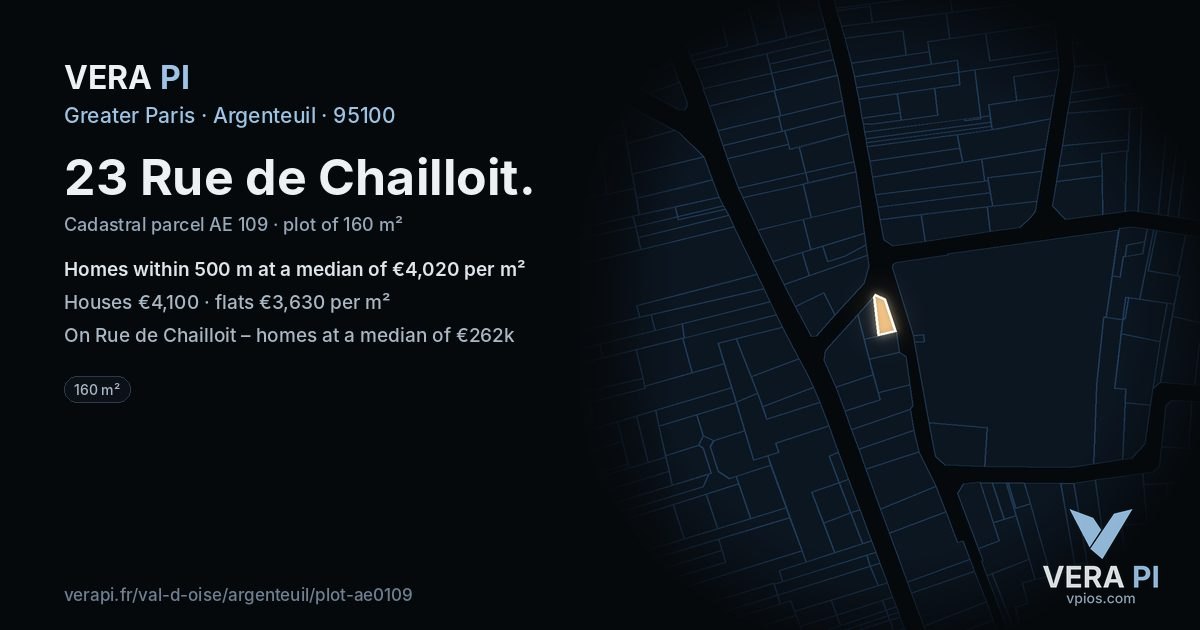 23 Rue de Chailloit, Argenteuil at night – the plot lit, the parcels around coloured by the prices near them