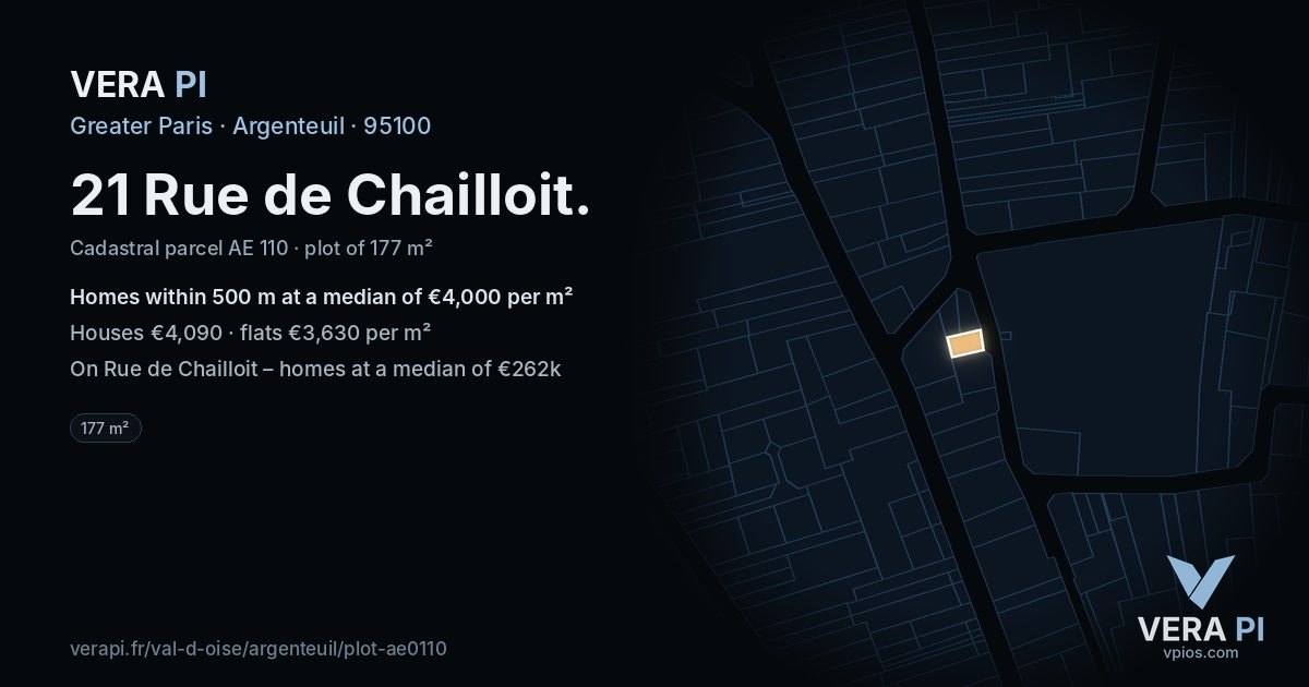 21 Rue de Chailloit, Argenteuil at night – the plot lit, the parcels around coloured by the prices near them