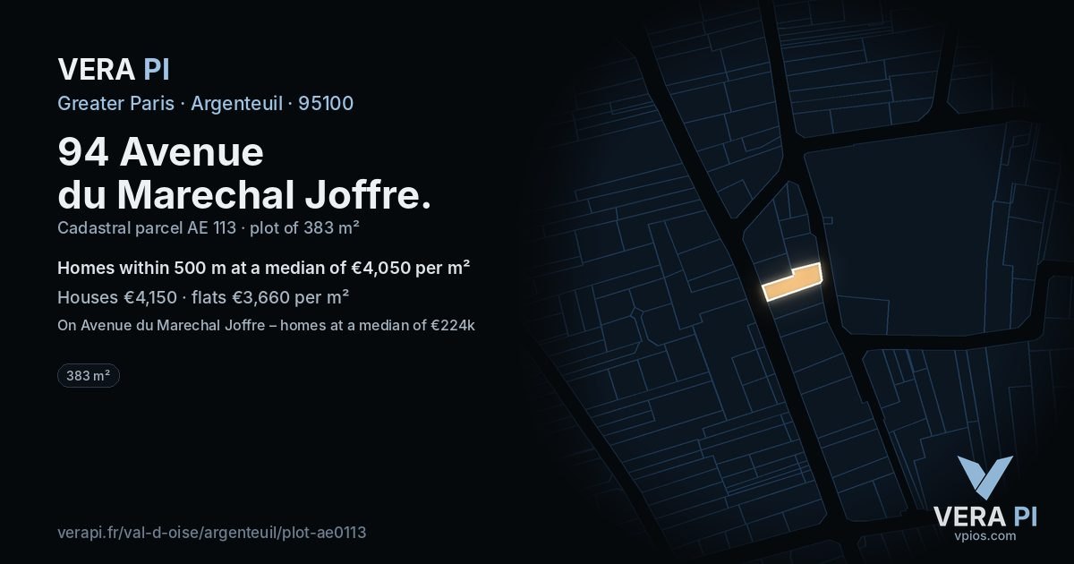 94 Avenue du Marechal Joffre, Argenteuil at night – the plot lit, the parcels around coloured by the prices near them