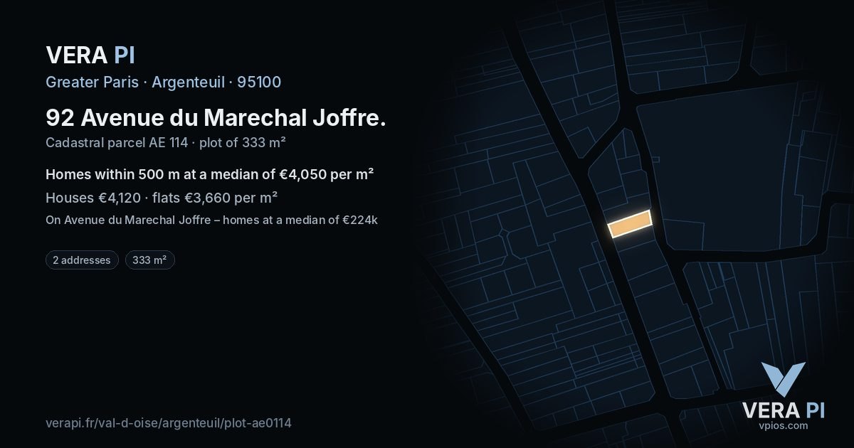 92 Avenue du Marechal Joffre, Argenteuil at night – the plot lit, the parcels around coloured by the prices near them