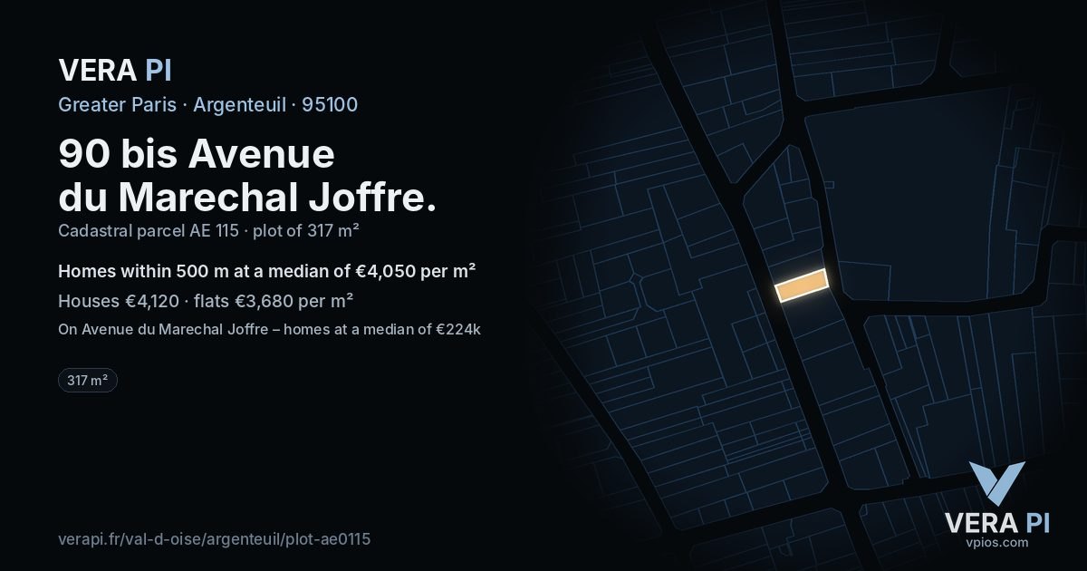 90 bis Avenue du Marechal Joffre, Argenteuil at night – the plot lit, the parcels around coloured by the prices near them