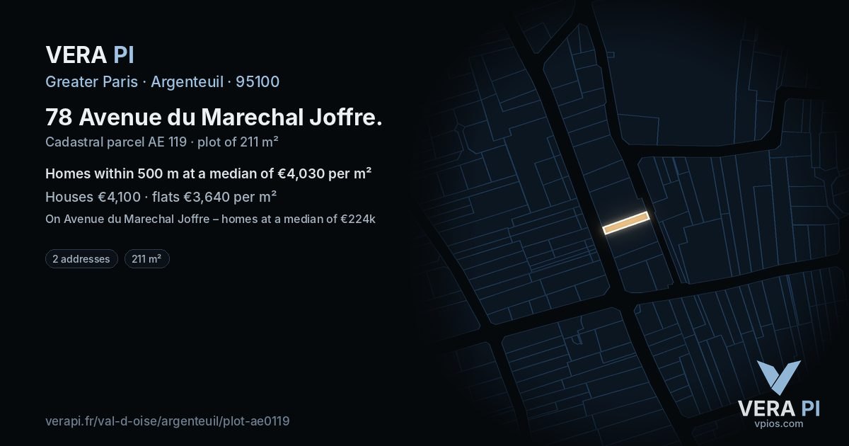 78 Avenue du Marechal Joffre, Argenteuil at night – the plot lit, the parcels around coloured by the prices near them