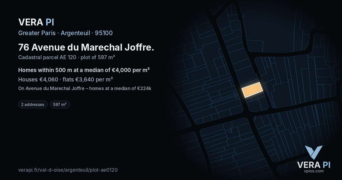 76 Avenue du Marechal Joffre, Argenteuil at night – the plot lit, the parcels around coloured by the prices near them
