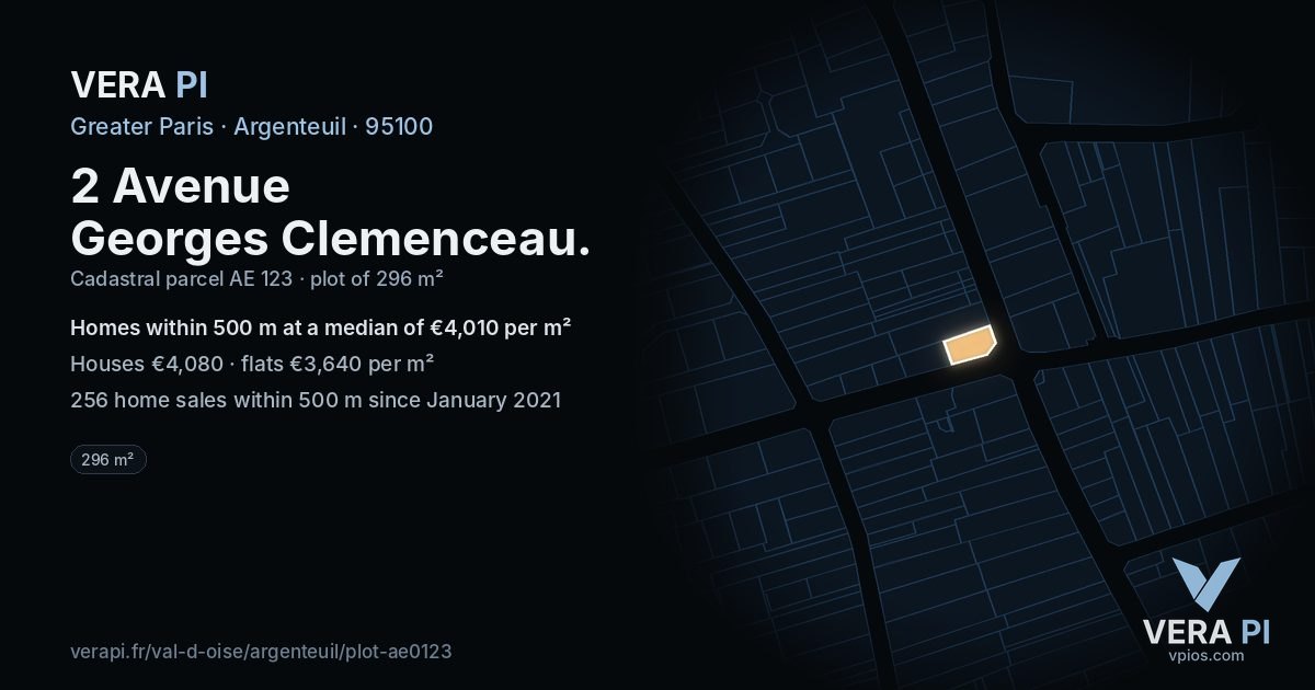 2 Avenue Georges Clemenceau, Argenteuil at night – the plot lit, the parcels around coloured by the prices near them