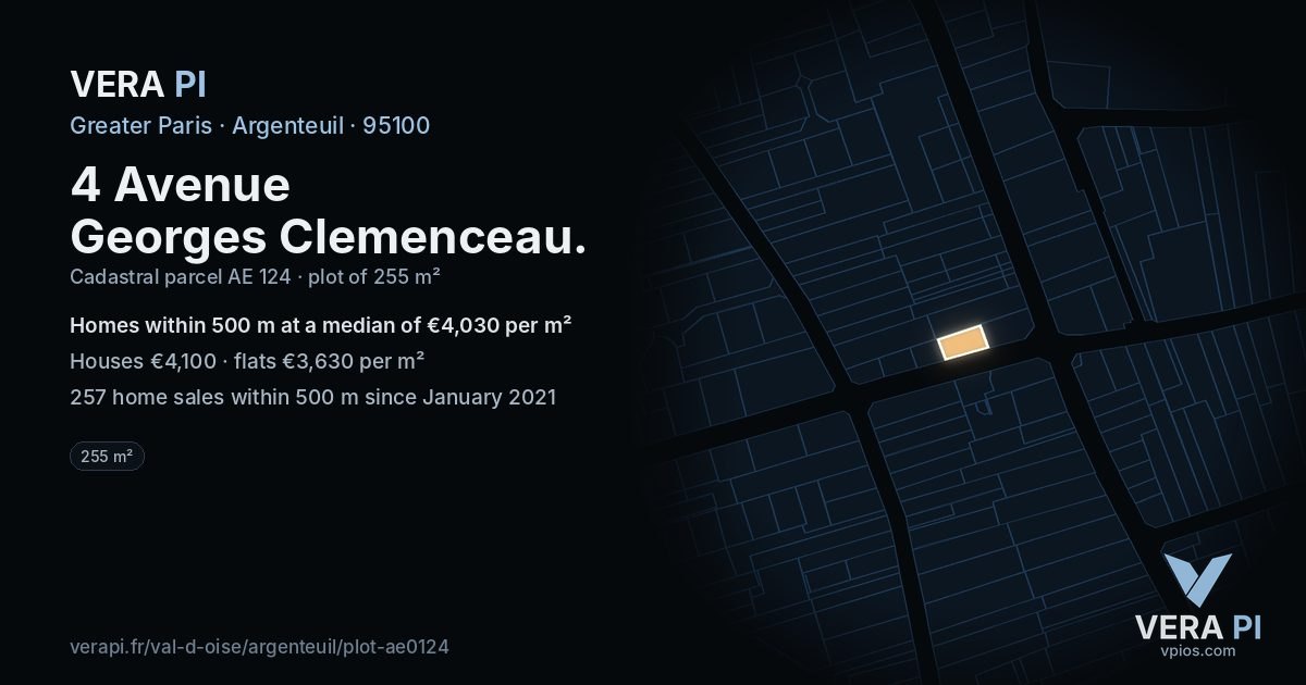 4 Avenue Georges Clemenceau, Argenteuil at night – the plot lit, the parcels around coloured by the prices near them