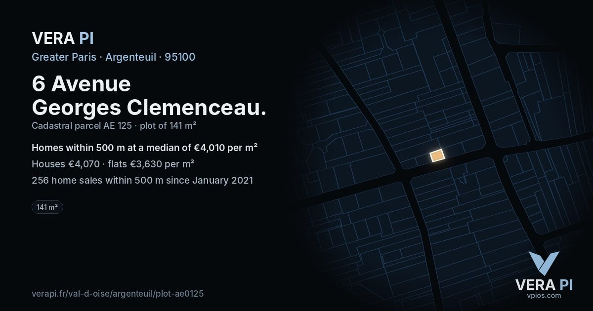 6 Avenue Georges Clemenceau, Argenteuil at night – the plot lit, the parcels around coloured by the prices near them