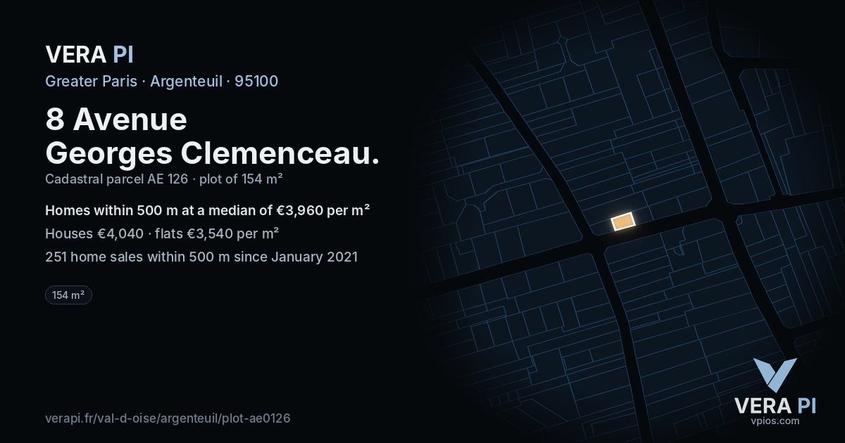 8 Avenue Georges Clemenceau, Argenteuil at night – the plot lit, the parcels around coloured by the prices near them