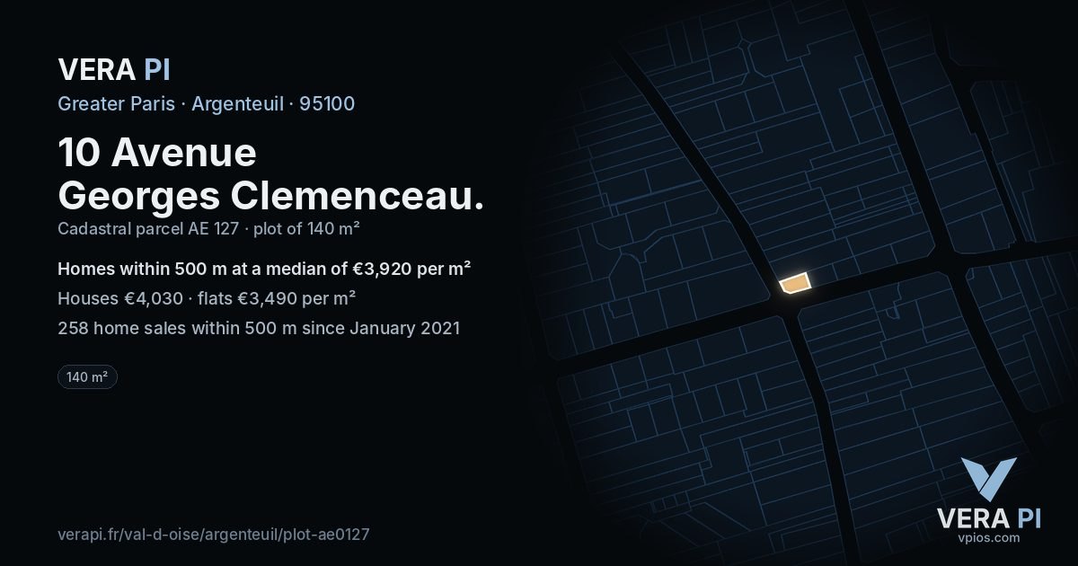 10 Avenue Georges Clemenceau, Argenteuil at night – the plot lit, the parcels around coloured by the prices near them