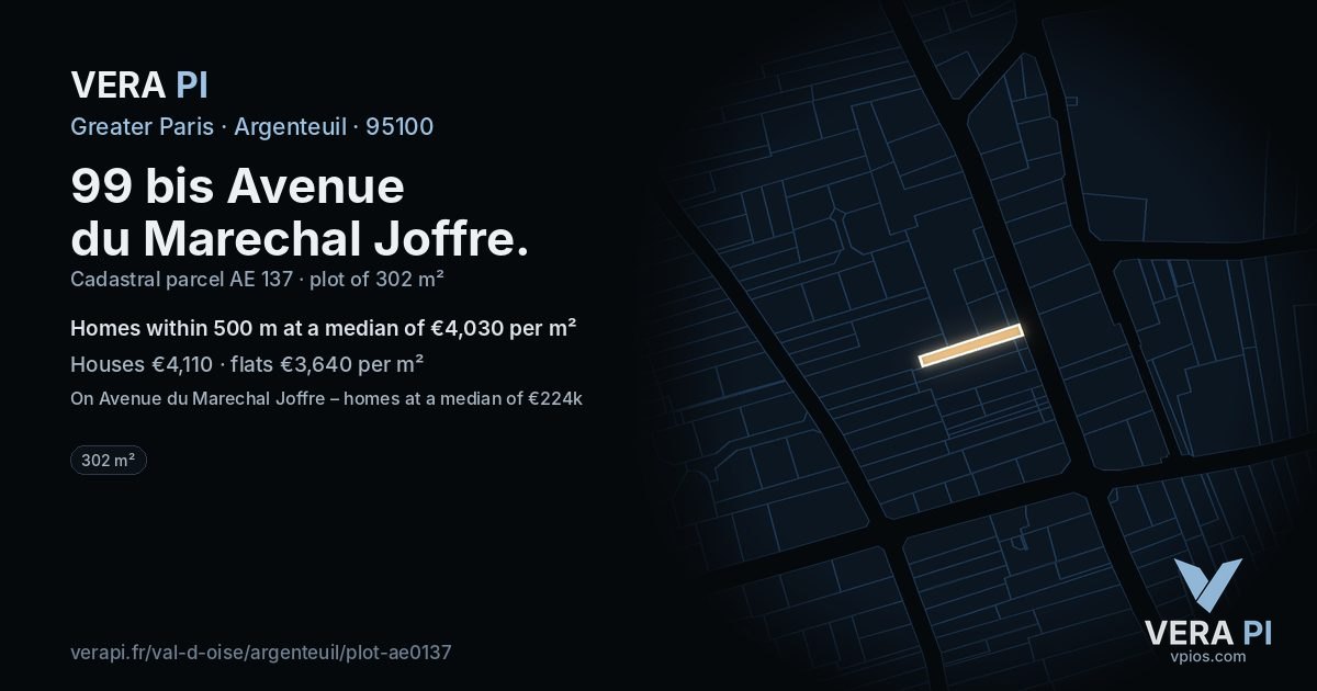 99 bis Avenue du Marechal Joffre, Argenteuil at night – the plot lit, the parcels around coloured by the prices near them