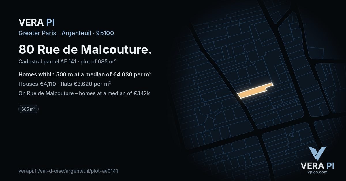 80 Rue de Malcouture, Argenteuil at night – the plot lit, the parcels around coloured by the prices near them