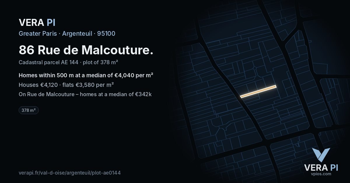86 Rue de Malcouture, Argenteuil at night – the plot lit, the parcels around coloured by the prices near them