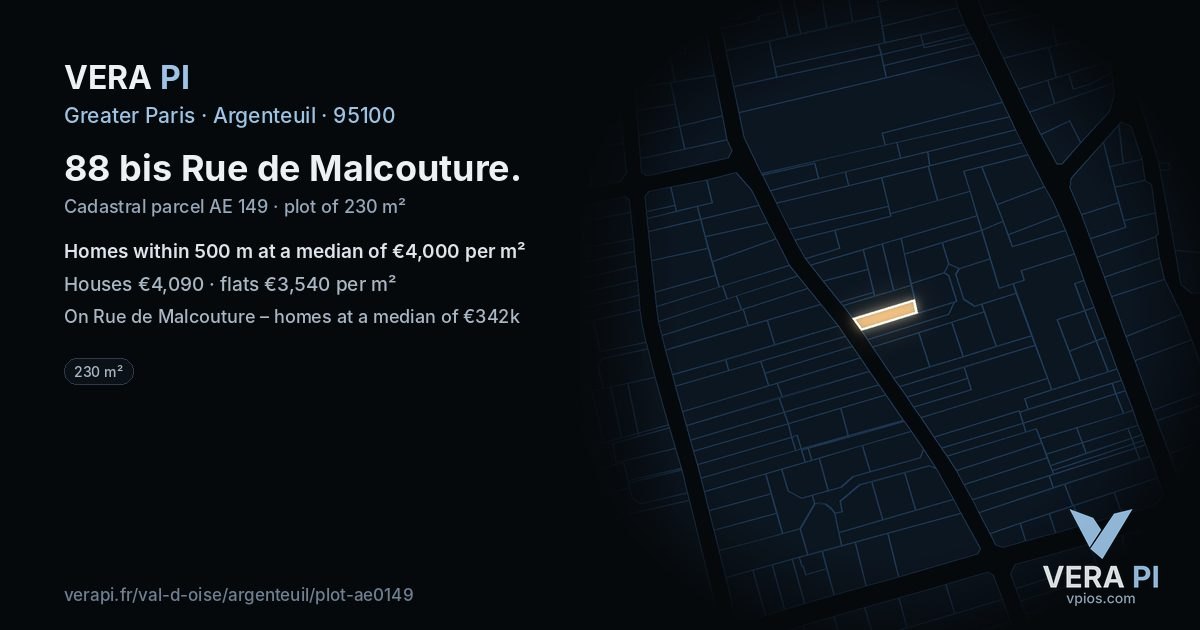 88 bis Rue de Malcouture, Argenteuil at night – the plot lit, the parcels around coloured by the prices near them