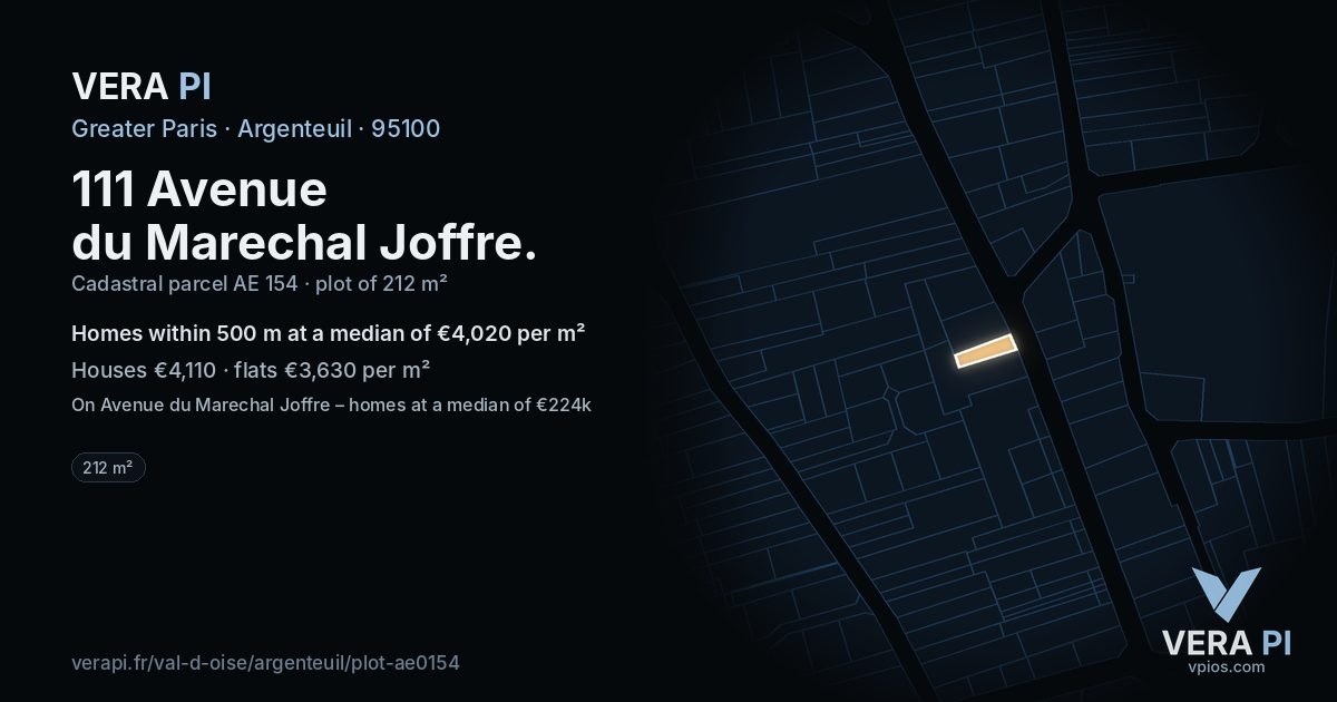 111 Avenue du Marechal Joffre, Argenteuil at night – the plot lit, the parcels around coloured by the prices near them