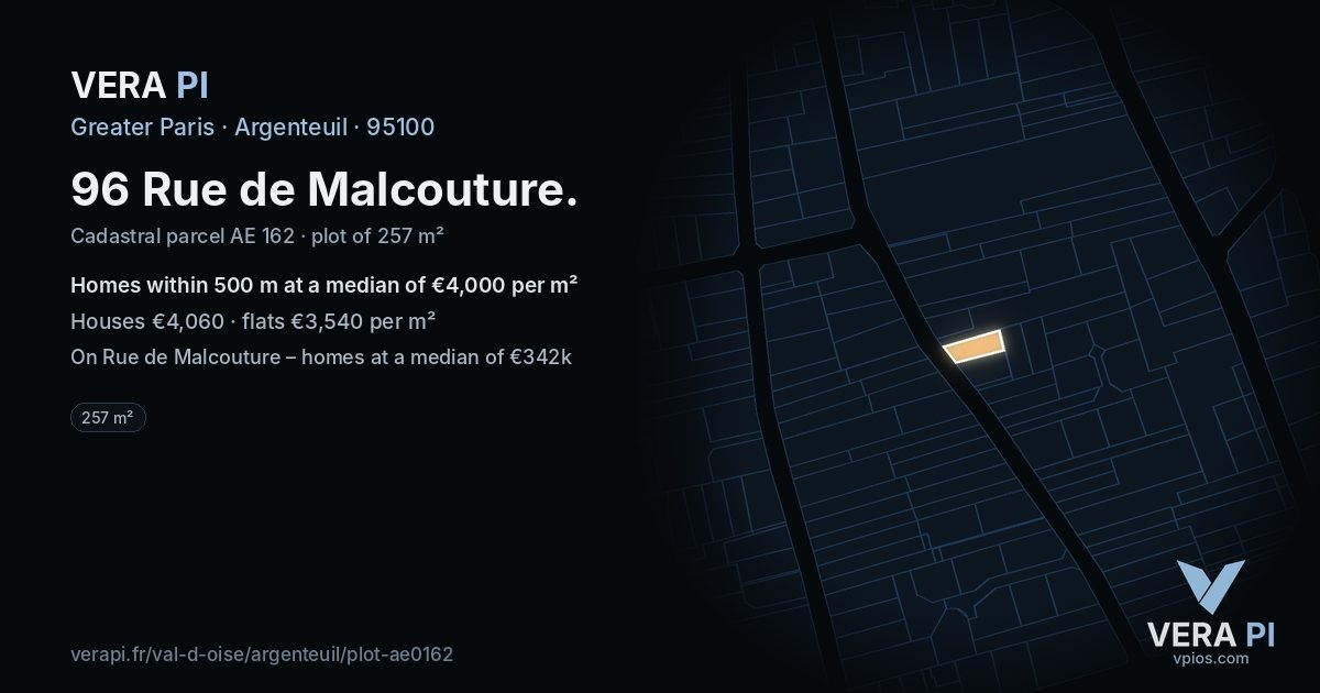 96 Rue de Malcouture, Argenteuil at night – the plot lit, the parcels around coloured by the prices near them