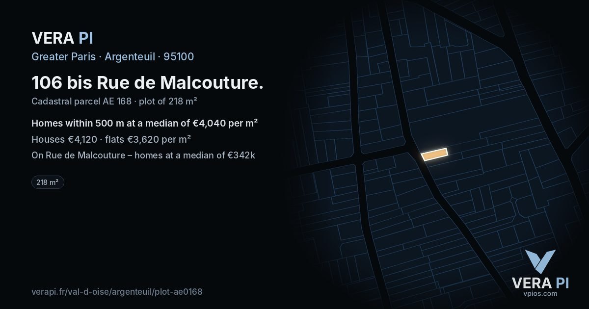 106 bis Rue de Malcouture, Argenteuil at night – the plot lit, the parcels around coloured by the prices near them