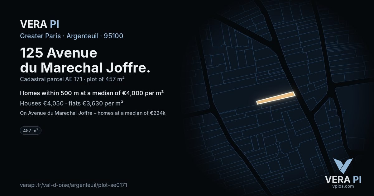 125 Avenue du Marechal Joffre, Argenteuil at night – the plot lit, the parcels around coloured by the prices near them