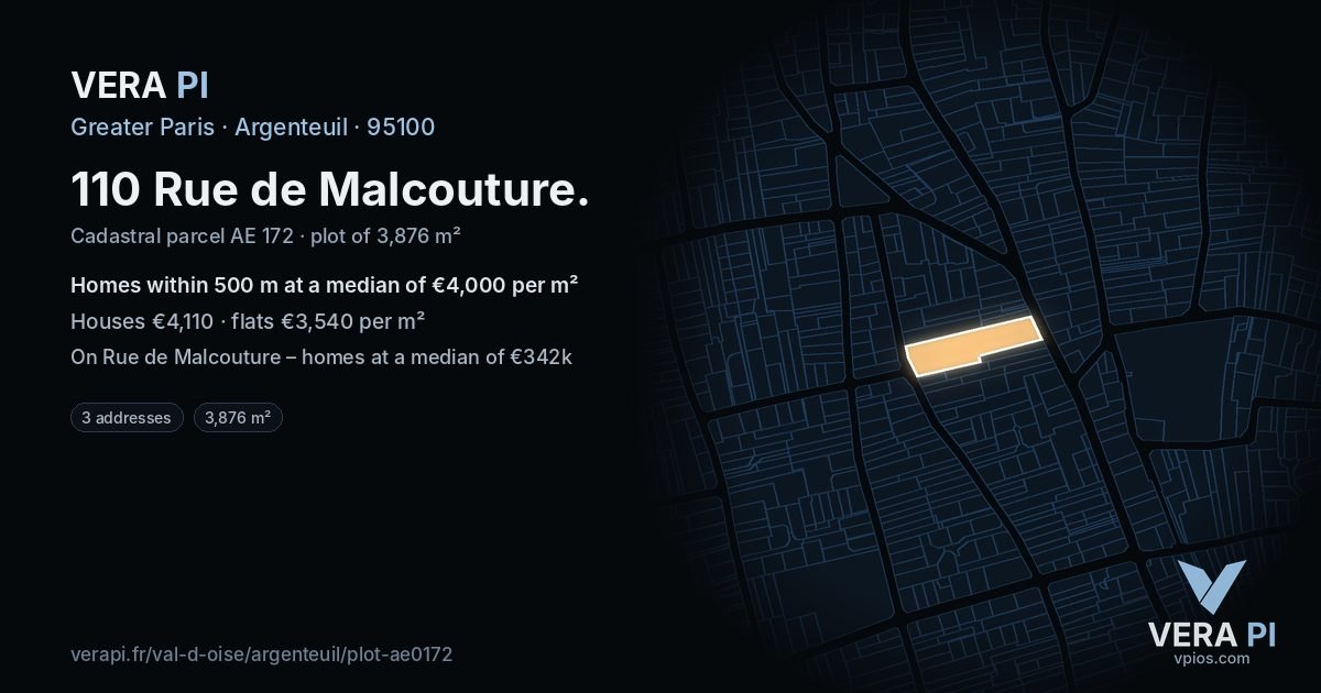 110 Rue de Malcouture, Argenteuil at night – the plot lit, the parcels around coloured by the prices near them
