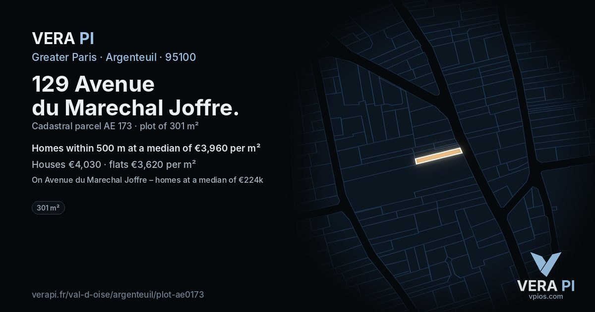 129 Avenue du Marechal Joffre, Argenteuil at night – the plot lit, the parcels around coloured by the prices near them