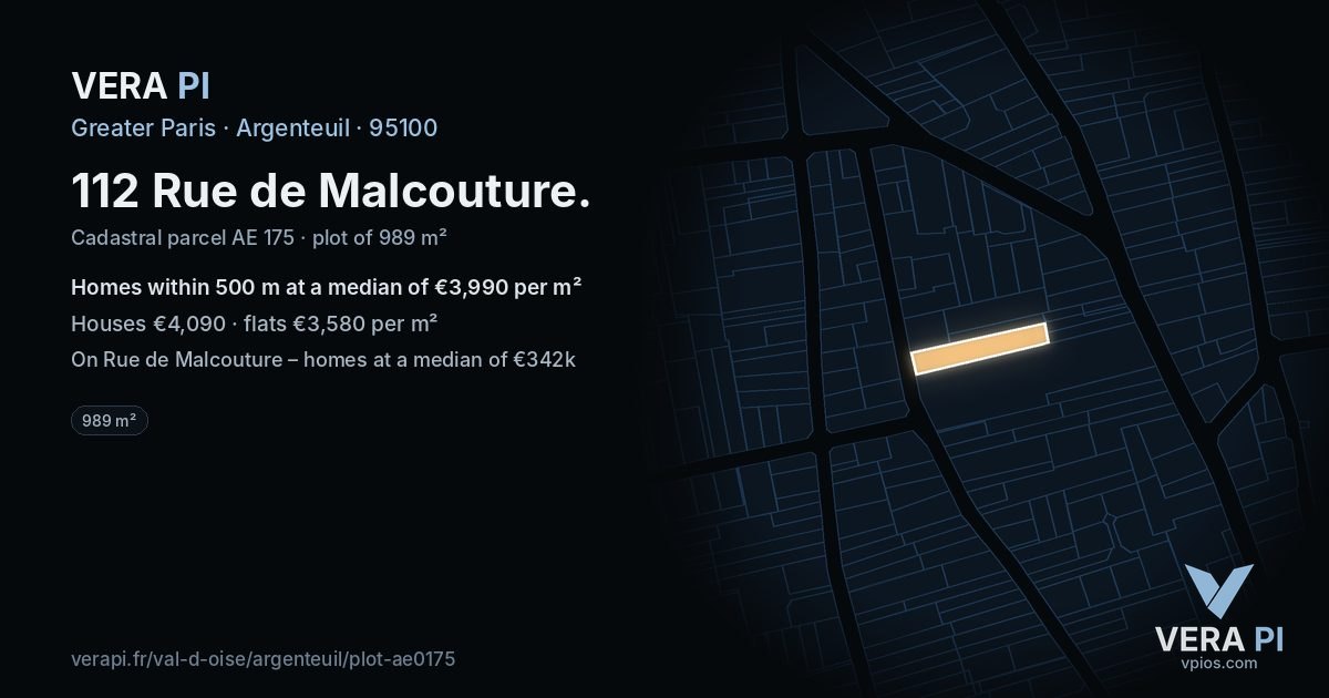 112 Rue de Malcouture, Argenteuil at night – the plot lit, the parcels around coloured by the prices near them