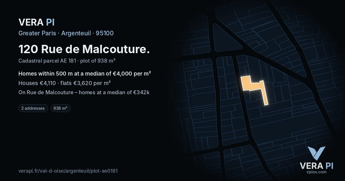 120 Rue de Malcouture, Argenteuil at night – the plot lit, the parcels around coloured by the prices near them