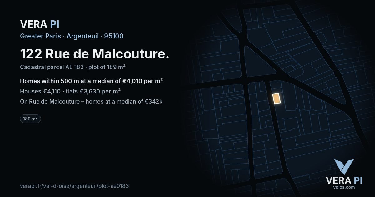 122 Rue de Malcouture, Argenteuil at night – the plot lit, the parcels around coloured by the prices near them