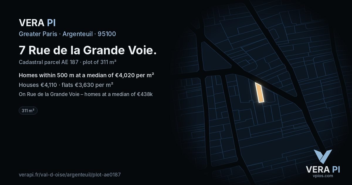 7 Rue de la Grande Voie, Argenteuil at night – the plot lit, the parcels around coloured by the prices near them