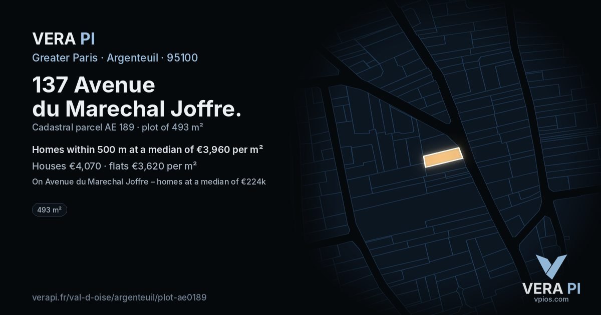 137 Avenue du Marechal Joffre, Argenteuil at night – the plot lit, the parcels around coloured by the prices near them
