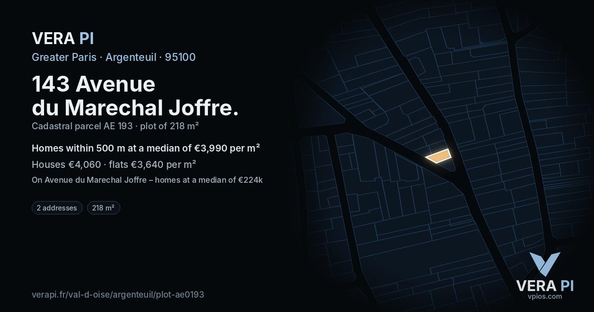 143 Avenue du Marechal Joffre, Argenteuil at night – the plot lit, the parcels around coloured by the prices near them