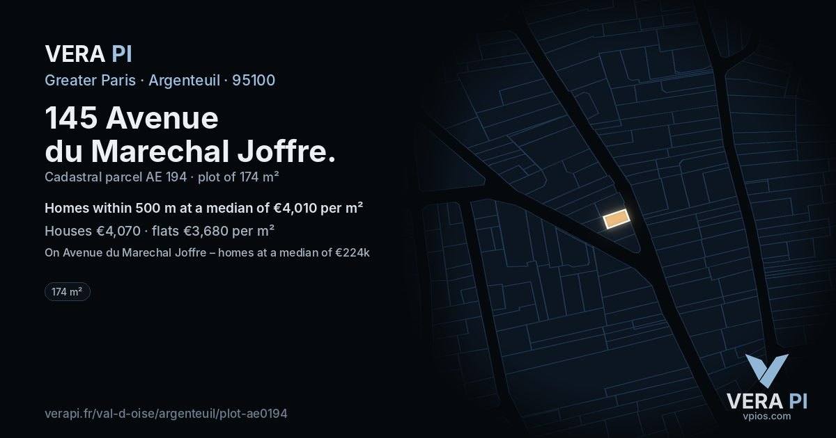145 Avenue du Marechal Joffre, Argenteuil at night – the plot lit, the parcels around coloured by the prices near them